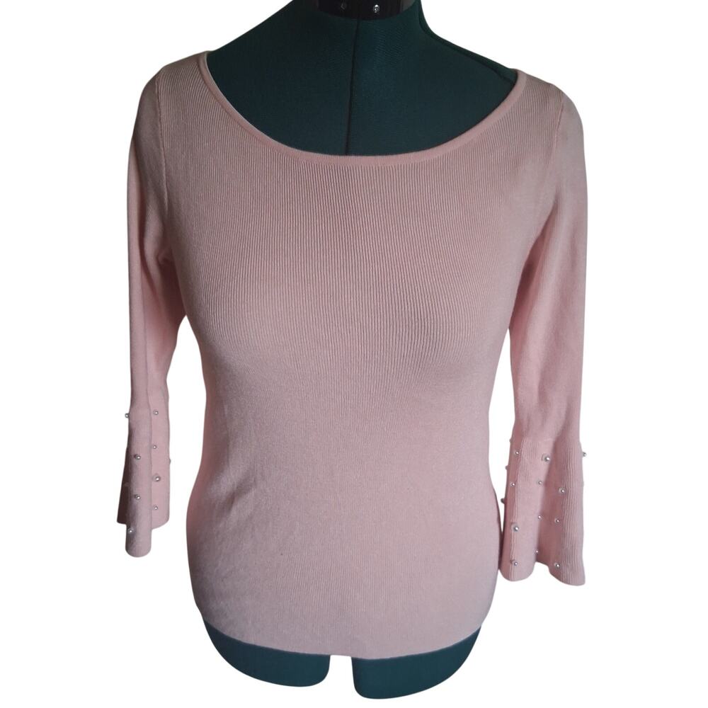 Roz & Ali M Blush Pink Pearl Embellished Bell Sleeve Scoop Neck Sweater